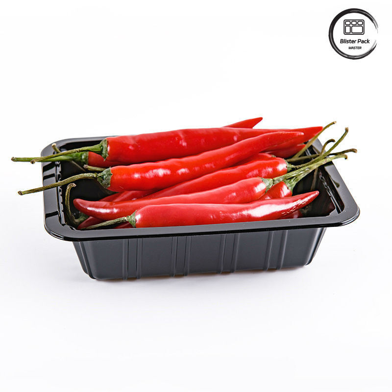 Supermercado Chilli Disponível bandeja de plástico Rectangular profunda Frutas Negro recipientes Vegetais Frescos Embalagem bandeja de alimentos