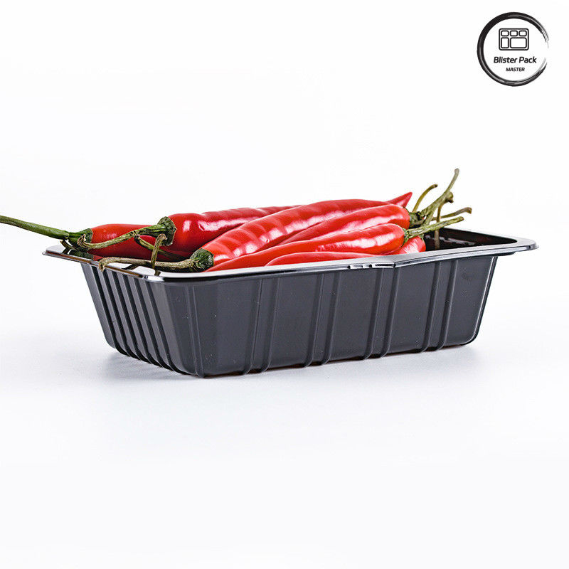 Supermercado Chilli Disponível bandeja de plástico Rectangular profunda Frutas Negro recipientes Vegetais Frescos Embalagem bandeja de alimentos