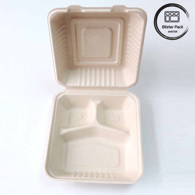 Blister Eco Compostable Clamshell 3 Compartimento Lanche descartável Caixa Bagasse de Cana-de-açúcar