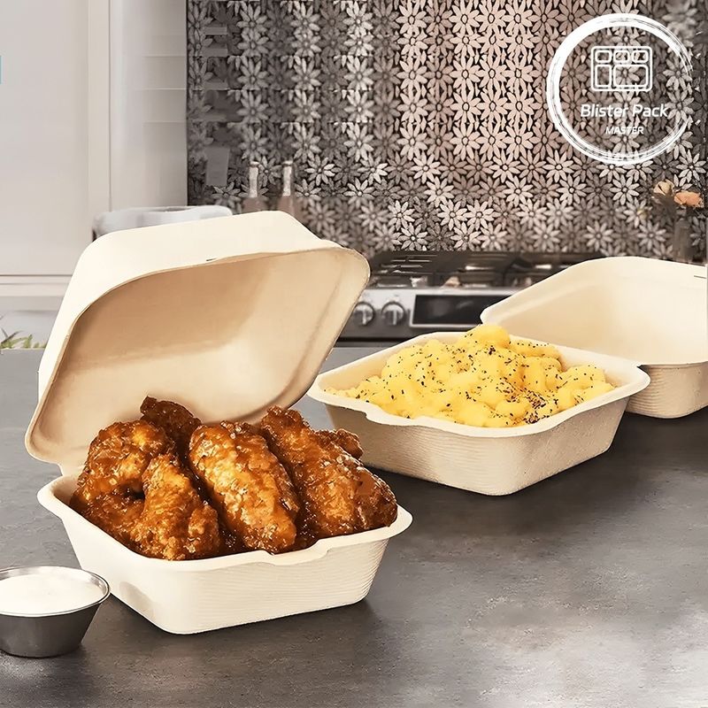 Blister Eco Compostable Clamshell 3 Compartimento Lanche descartável Caixa Bagasse de Cana-de-açúcar
