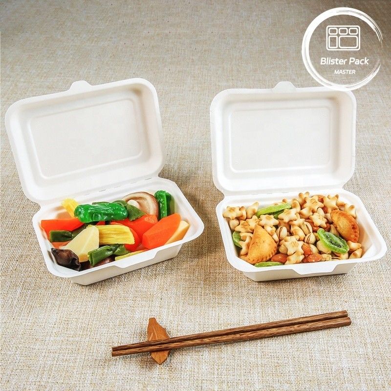 Blister Eco Compostable Clamshell 3 Compartimento Lanche descartável Caixa Bagasse de Cana-de-açúcar