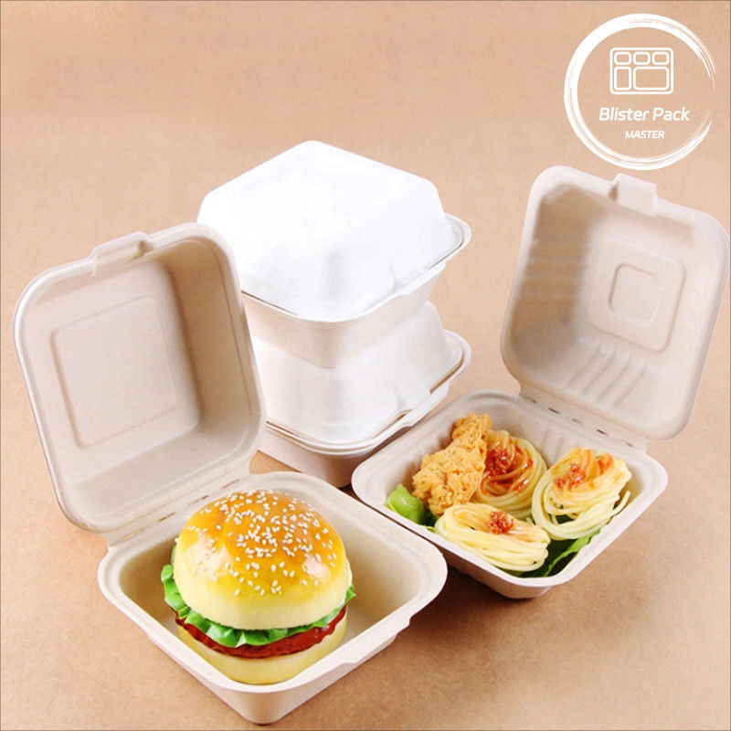 Blister Eco Compostable Clamshell 3 Compartimento Lanche descartável Caixa Bagasse de Cana-de-açúcar