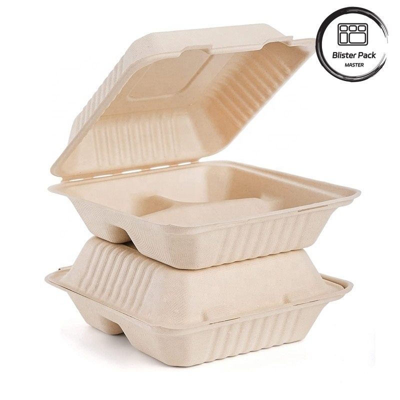Blister Eco Compostable Clamshell 3 Compartimento Lanche descartável Caixa Bagasse de Cana-de-açúcar