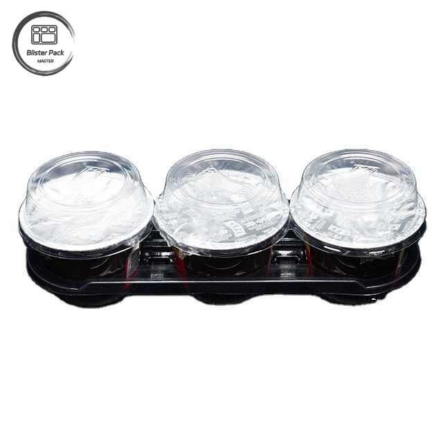 Caixa de café transparente descartável espessada em PET com suporte de xícara de café de 3 seções, bandeja de plástico para iogurte e bebidas